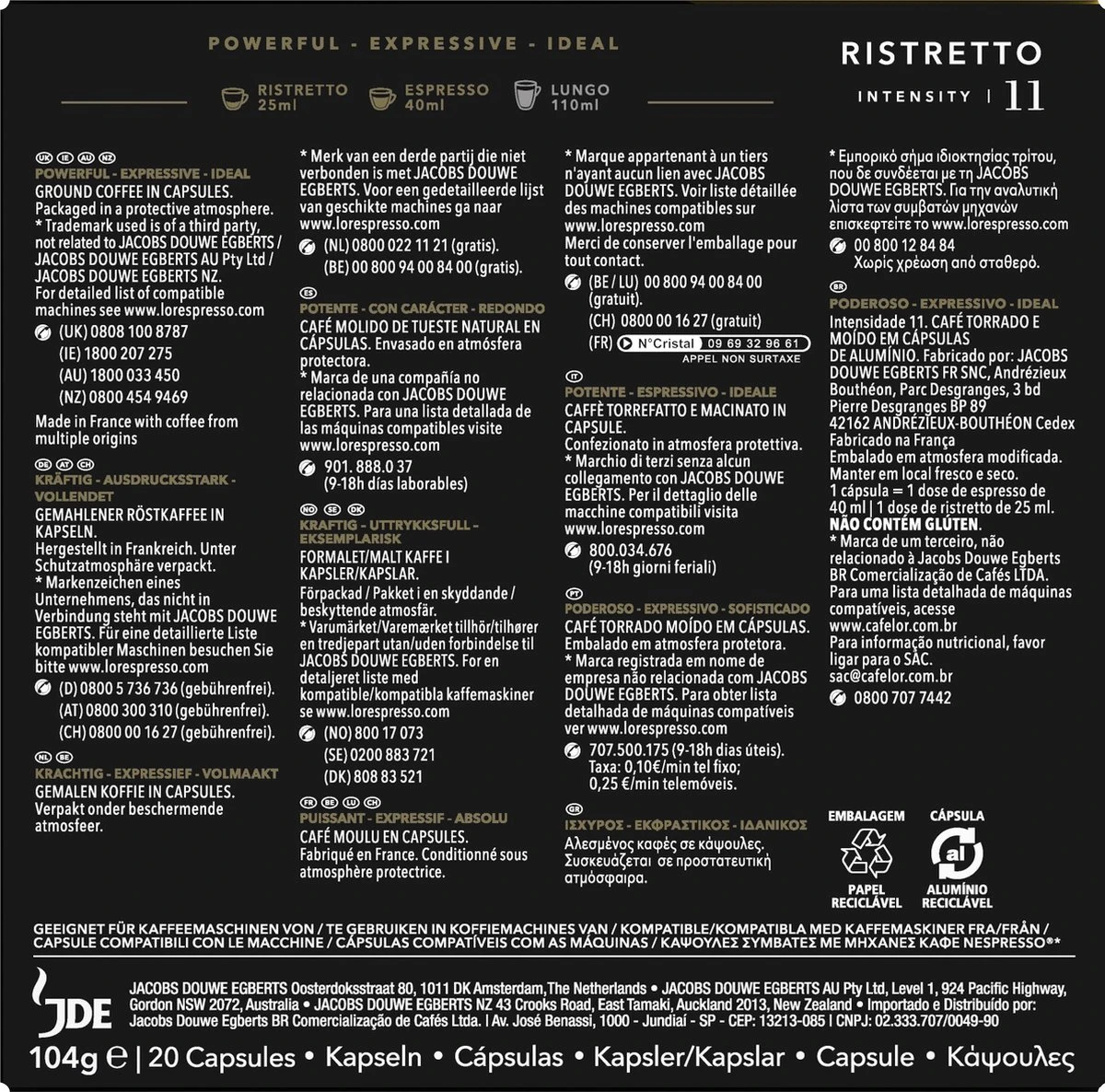 L'OR Espresso Ristretto Koffiecups - Intensiteit 11/12 - 10 X 20 Capsules - Afbeelding 3